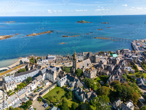 An aerial drone view of Roscoff in France