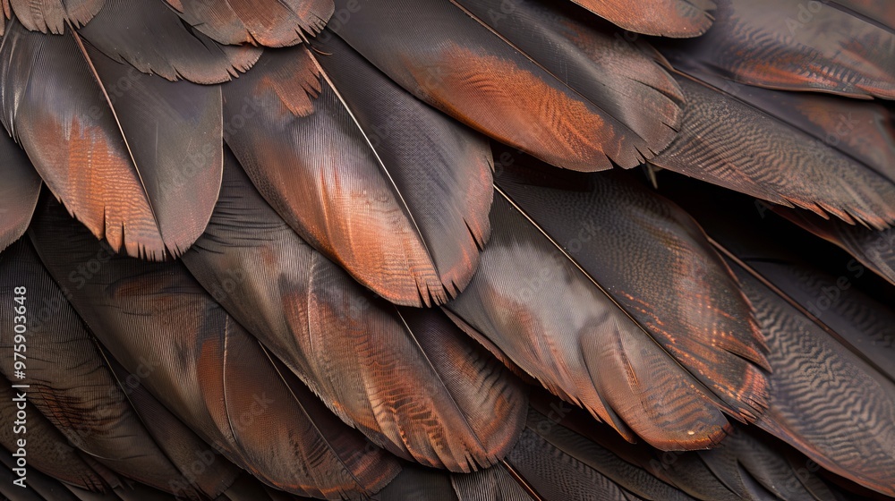 Obraz premium Close-up of intricately textured bird feathers displaying rich browns and subtle iridescence against a natural backdrop in sunlight