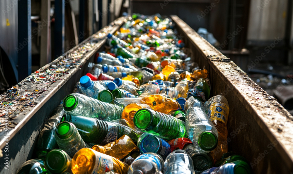 Waste sorting. Recycled plastic bottles on a conveyor belt in a waste disposal plant. Waste sorting. Recycled plastic bottles on a conveyor belt in a waste disposal plant.