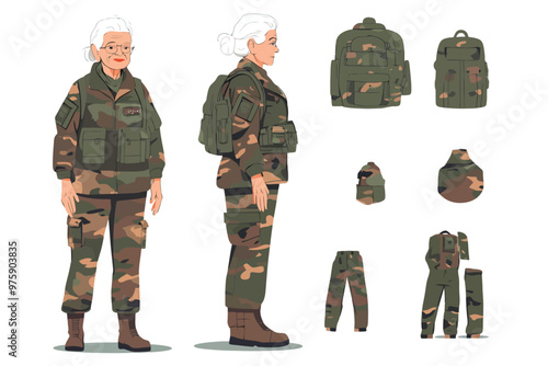 Set of old woman wearing military uniform