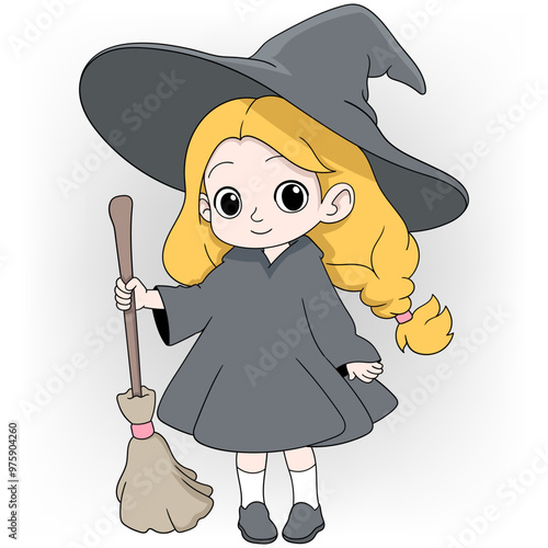 little girl in witch costume carrying broom to fly