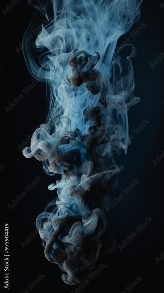 Fototapeta premium Dark smoke gracefully ascends, forming intricate, swirling shapes in a soft-lit setting.
