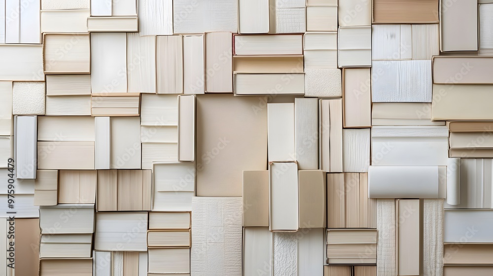 An overhead shot captures a collection of stacked hardcover books in various beige and cream shades, illuminated by soft natural light in a clean and minimalistic layout. An overhead shot captures a collection of stacked hardcover books in various beige and cream shades, illuminated by soft natural light in a clean and minimalistic layout.