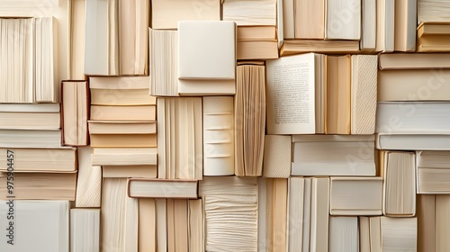 An overhead shot captures a collection of stacked hardcover books in various beige and cream shades, illuminated by soft natural light in a clean and minimalistic layout.