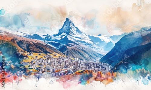 Watercolor Zermatt town and Matterhorn mountain aerial panoramic view in the Valais canton of Switzerland photo