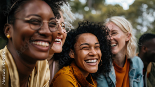 Friends enjoying laughter during a sunny outdoor gathering in a lush garden