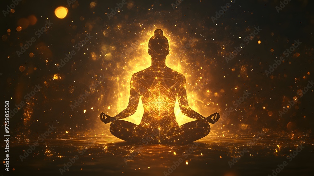 A meditating figure surrounded by an aura of golden light, radiating energy and spiritual power. A meditating figure surrounded by an aura of golden light, radiating energy and spiritual power.
