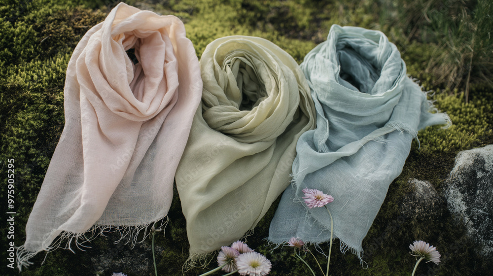 product photo of three soft linen scarves in muted pastel colors, laying on a mossy forest floor. product photo of three soft linen scarves in muted pastel colors, laying on a mossy forest floor.