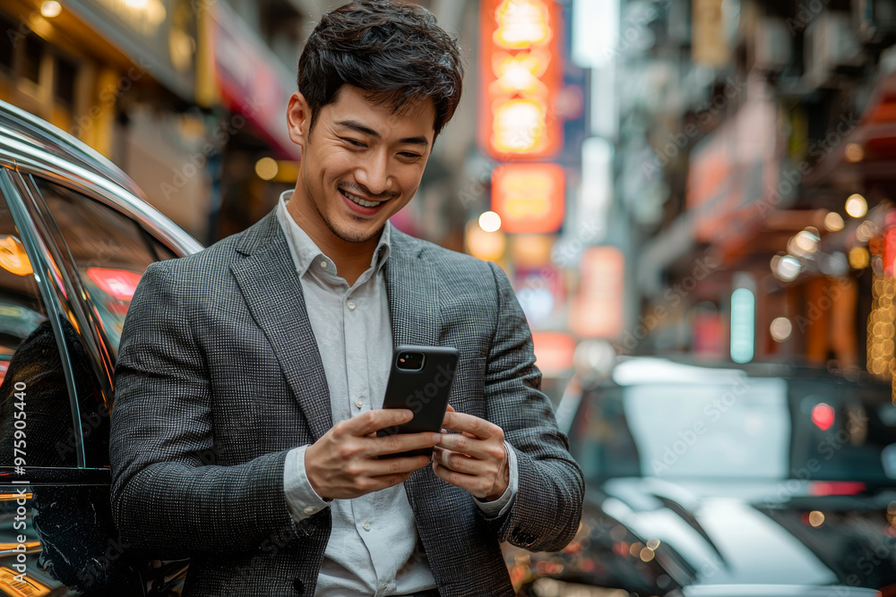 A confident Asian man in suit smiles while using his smartphone in vibrant urban setting, surrounded by city lights and cars. His expression reflects joy and engagement A confident Asian man in suit smiles while using his smartphone in vibrant urban setting, surrounded by city lights and cars. His expression reflects joy and engagement