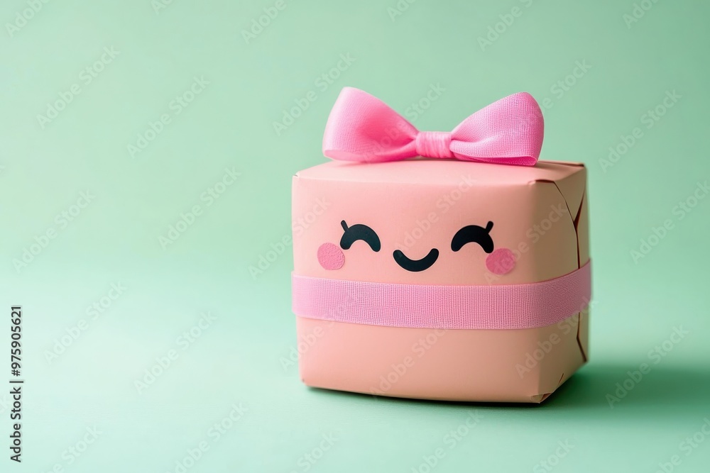 Cute and whimsical pink gift box with big bow and eyelash design Cute and whimsical pink gift box with big bow and eyelash design