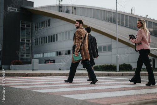 Canvas Print Three modern professionals in casual business attire are crossing the street, seemingly in a bustling urban district, demonstrating mobility and a dynamic work environment