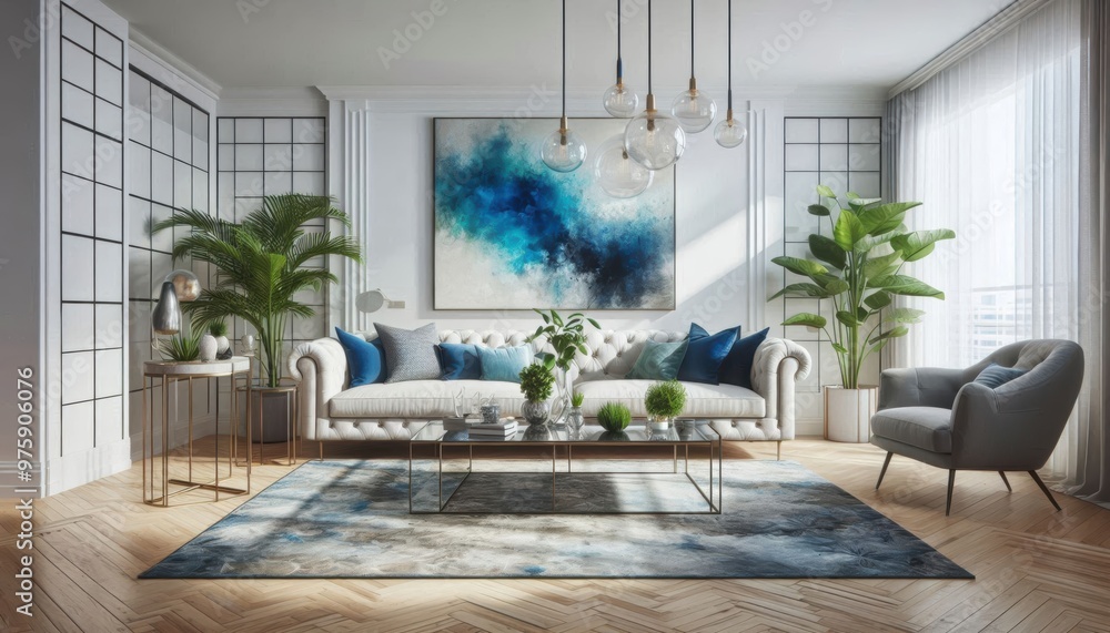 A mid-century modern living room, dark teal accent wall, large textured art canvas, teal velvet sectional sofa with colorful patterned throw pillows, wood floors, potted plant decor, industrial pendan A mid-century modern living room, dark teal accent wall, large textured art canvas, teal velvet sectional sofa with colorful patterned throw pillows, wood floors, potted plant decor, industrial pendan