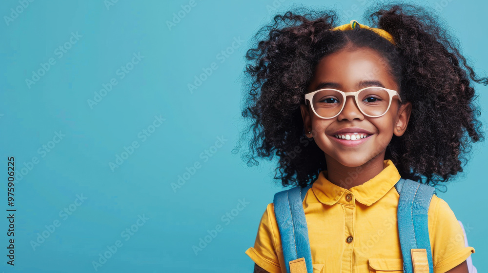 A young student smiles brightly against a blue background, wearing a yellow shirt and carrying a colorful backpack A young student smiles brightly against a blue background, wearing a yellow shirt and carrying a colorful backpack