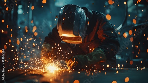 A diligent welder works in an industrial space with sparks flying and an orange glow, captured in a moment of intense concentration while wearing protective gear.