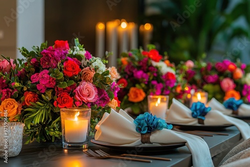A festive table setting with vibrant floral centerpieces, flickering candles, and elegantly folded napkins in a luxurious dining room.