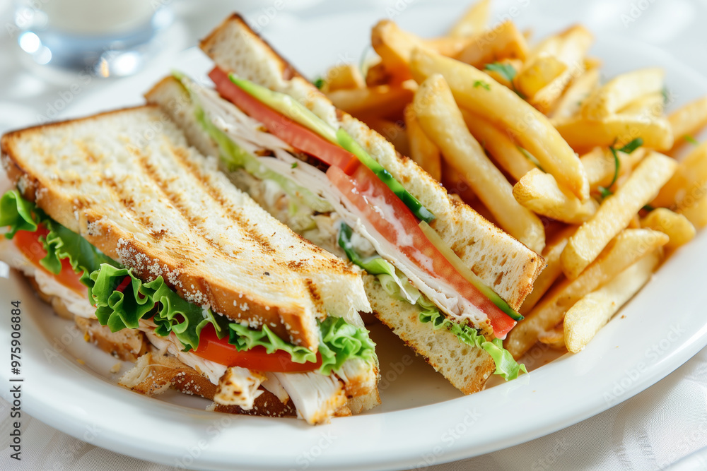 A close-up of a club sandwich served with a portion of french fries on a plate A close-up of a club sandwich served with a portion of french fries on a plate