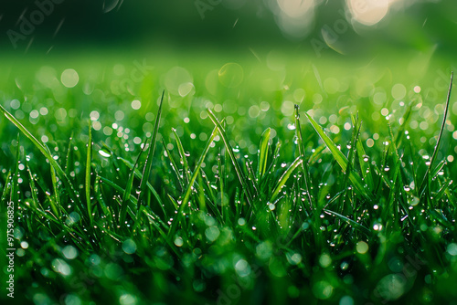 Morning dew on fresh green grass symbolizes tranquility and renewal. vibrant green blades glisten with droplets, creating serene and refreshing atmosphere