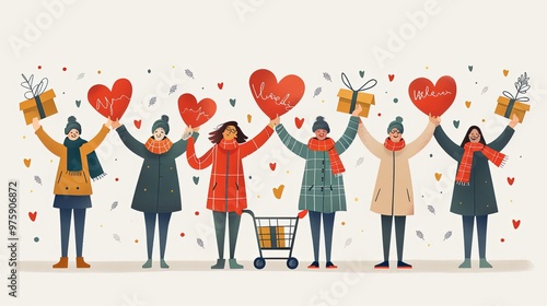 People hold big blank Hearts. Persons with bicycle, carrying heart in shopping cart. Cartoon style. Hand drawn Vector illustration. Love, Valentine's day, romance concept. Isolated elements