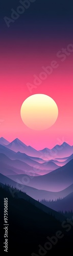 A stunning digital illustration of a serene sunset over purple-hued mountains, creating a tranquil and dreamy landscape.