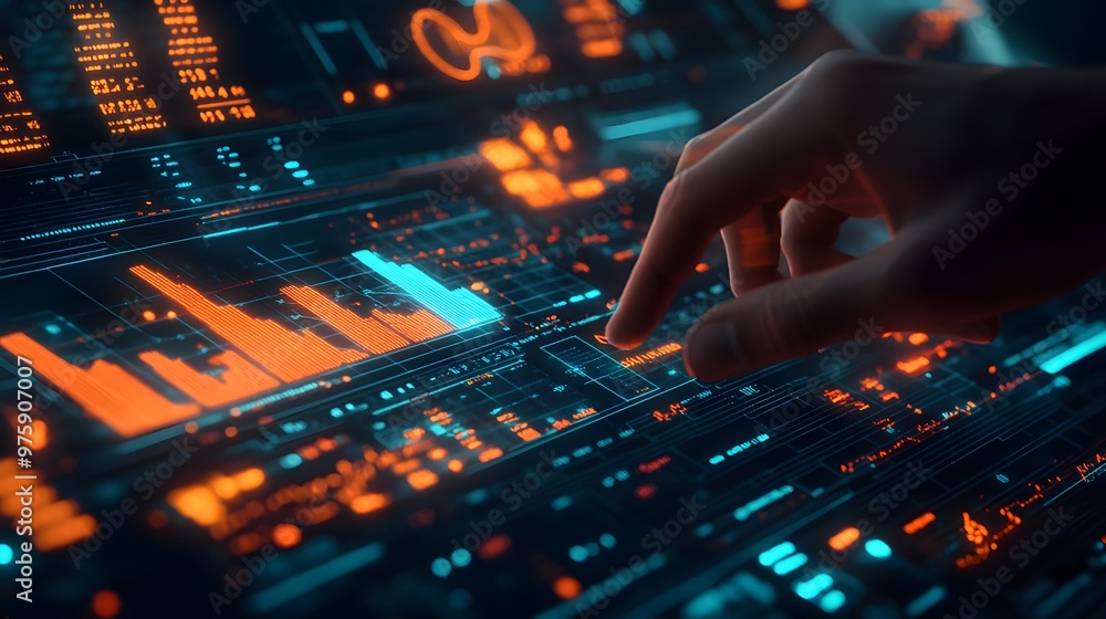 A financial analyst interacts with a digital touchscreen displaying glowing stock market charts and data visualizations, set against a bokeh background that enhances the tech-finance theme. A financial analyst interacts with a digital touchscreen displaying glowing stock market charts and data visualizations, set against a bokeh background that enhances the tech-finance theme.