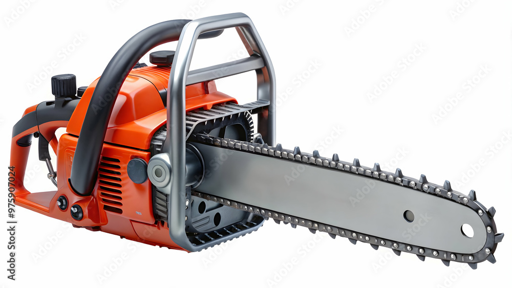 Powerful chainsaw with a bright orange and silver design. Powerful chainsaw with a bright orange and silver design.