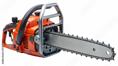 Powerful chainsaw with a bright orange and silver design.