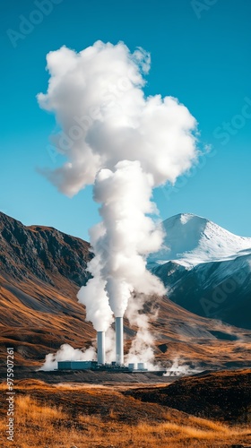 Geothermal power plant in a mountainous landscape with white steam rising against a clear blue sky. photo