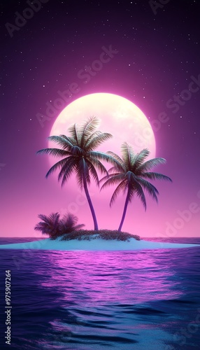 Tropical island with palm trees under a glowing full moon, casting a stunning purple and pink reflection on the ocean water.