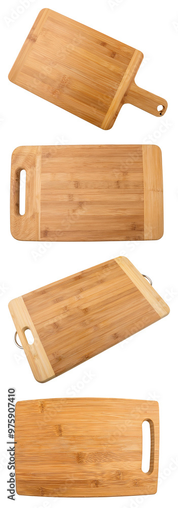 Set of four bamboo cutting boards on white background. Perfect for kitchen, food preparation, and serving. Eco-friendly material. Set of four bamboo cutting boards on white background. Perfect for kitchen, food preparation, and serving. Eco-friendly material.