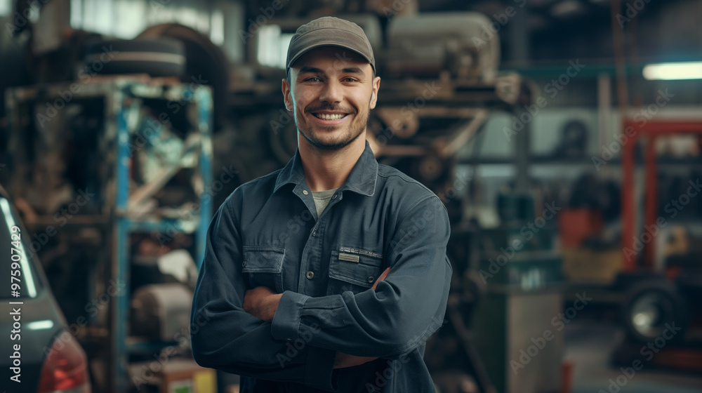 Male mechanic stands proudly in a bustling workshop, surrounded by various tools and machinery, showcasing a welcoming smile and professionalism during working hours Male mechanic stands proudly in a bustling workshop, surrounded by various tools and machinery, showcasing a welcoming smile and professionalism during working hours