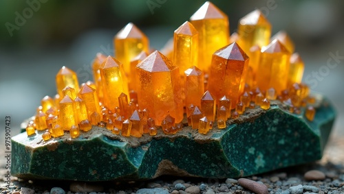 Golden amber crystals on green serpentine stone glowing with warmth and earthy charm photo