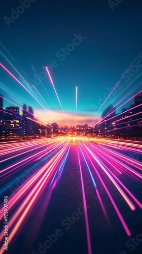 Vibrant neon lines in motion against a sunset cityscape, creating a dynamic and futuristic atmosphere with colorful light trails.