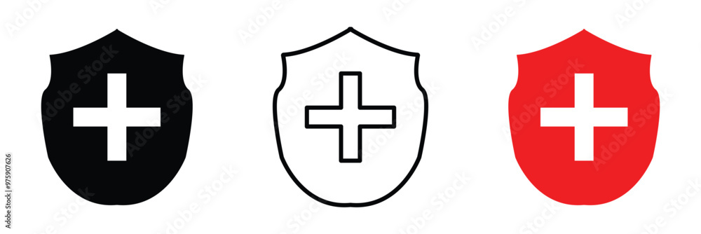 Obraz premium Health protection shield icon with medical cross and safety symbol outline in vector healthcare security design emblem for public preventive care insurance guard and wellness vector in eps 10.