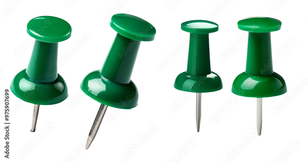 Close-up image of green push pins isolated on white background, perfect for office and school supplies visuals. Close-up image of green push pins isolated on white background, perfect for office and school supplies visuals.