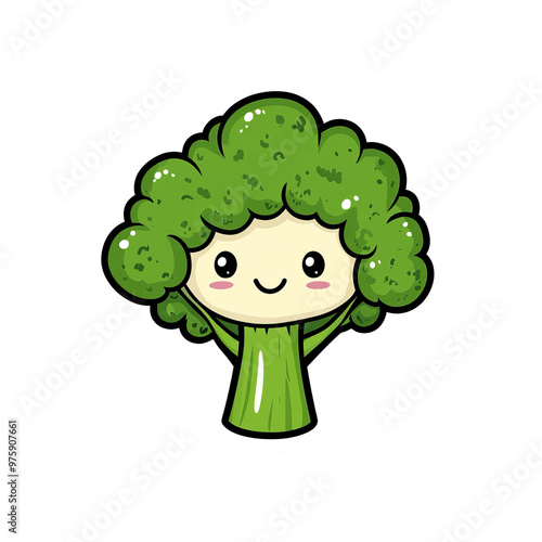 An adorable cartoon broccoli character with green florets, a smiling face, and a happy expression, perfect for children-themed designs.