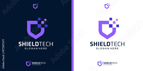 Abstract shield logo design vector. Colorful data digital technology security design icon