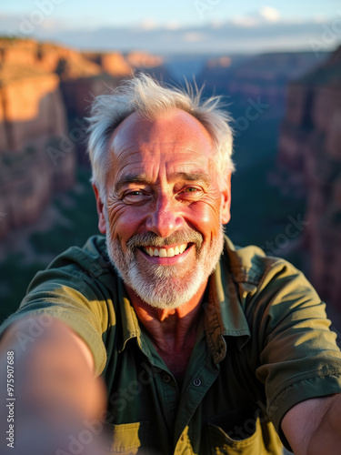 A happy senior man smiles while taking a selfie with a rocky canyon landscape in the backdrop, emphasizing joy, adventure, and the human spirit's enduring connection with nature and exploration.