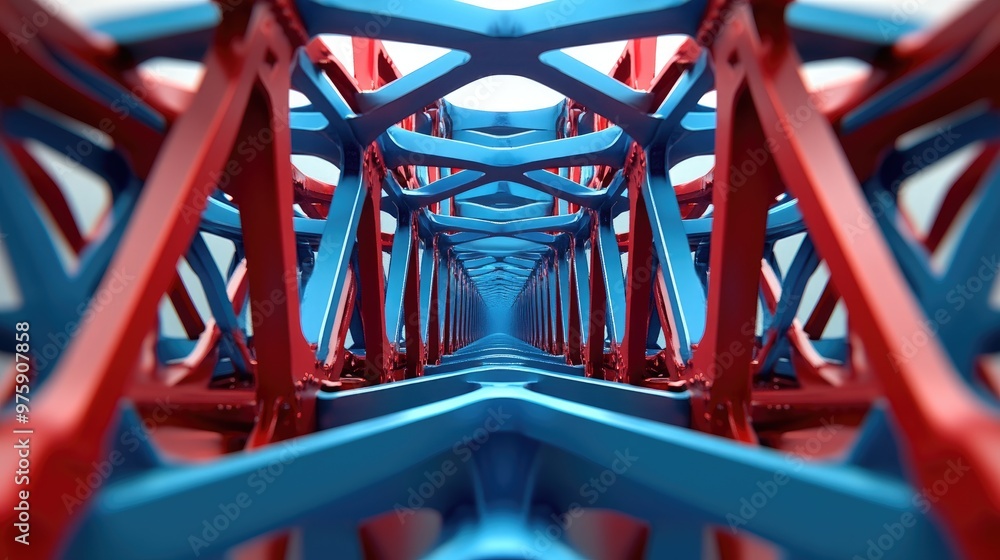 Abstract view of a bridge structure with red and blue steel beams. Abstract view of a bridge structure with red and blue steel beams.