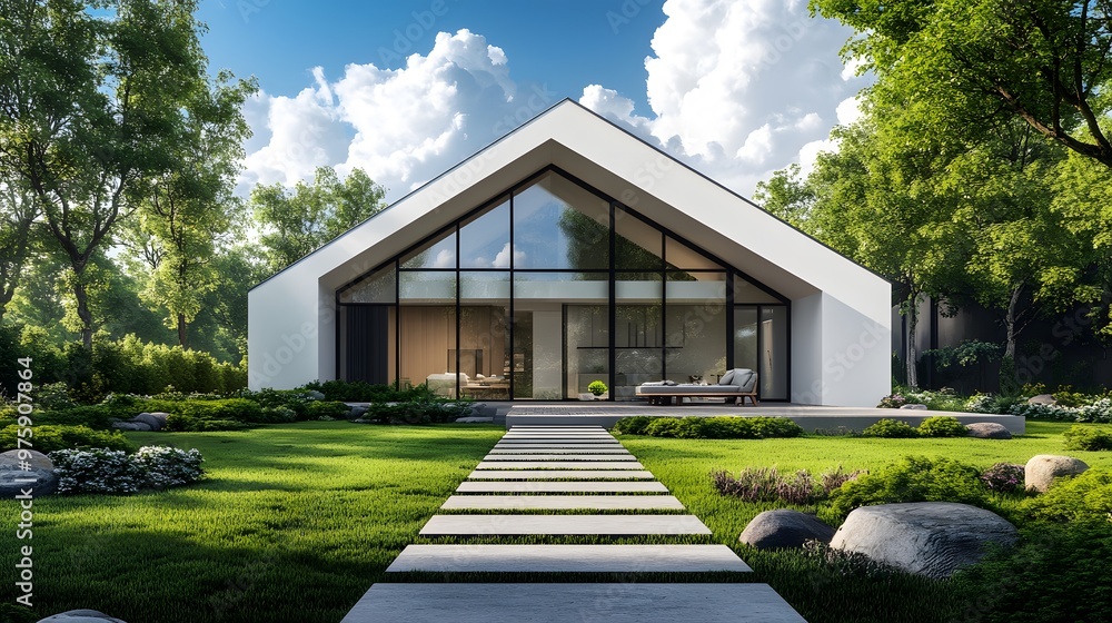 A minimalist white house with large windows and a sloped roof sits on a lush lawn, surrounded by trees and blue skies, emphasizing modern architectural design. A minimalist white house with large windows and a sloped roof sits on a lush lawn, surrounded by trees and blue skies, emphasizing modern architectural design.