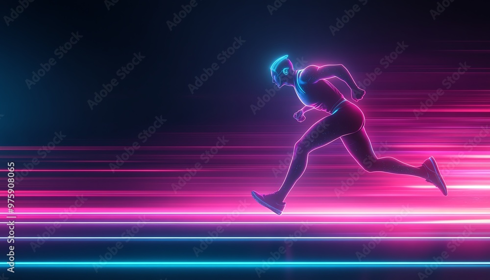 Futuristic runner in neon lights, symbolizing speed, technology, and modern fitness in motion against a dark background. Futuristic runner in neon lights, symbolizing speed, technology, and modern fitness in motion against a dark background.