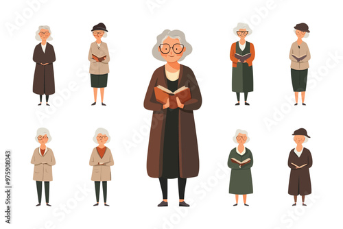 An old woman wearing a gown while reading a book