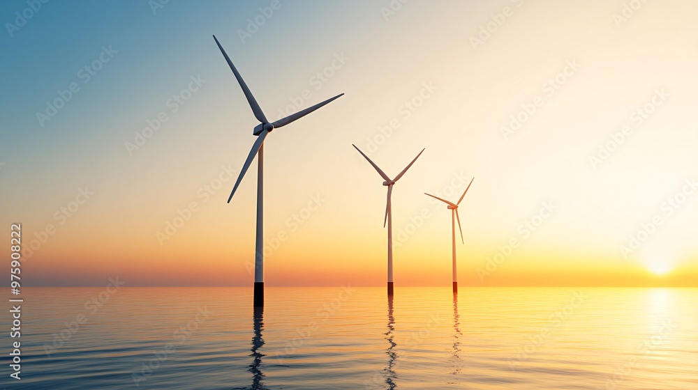 Fototapeta premium Futuristic Offshore Wind Turbines at Sunset - Tranquil Ocean Scene Showcasing Clean Energy Innovation and Environmental Harmony