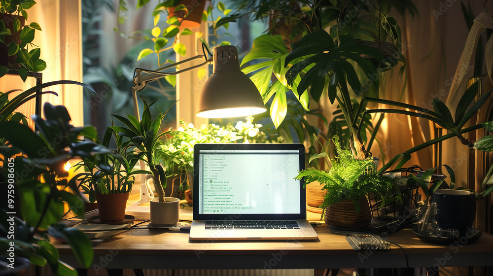 The desk is filled with lush greenery and a softly glowing lamp, casting warm light on an open laptop displaying a blog page in a tranquil setting The desk is filled with lush greenery and a softly glowing lamp, casting warm light on an open laptop displaying a blog page in a tranquil setting