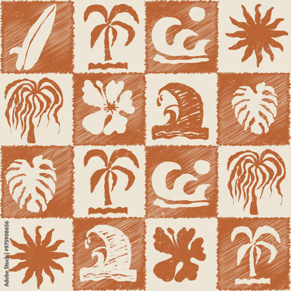 Fototapeta premium Tropical hibiscus and palm leaves. Abstract tropical seamless pattern with palm leaves. Surface cover design. Fabric textile print. surfboard and sun. Hand drawn minimal art background.