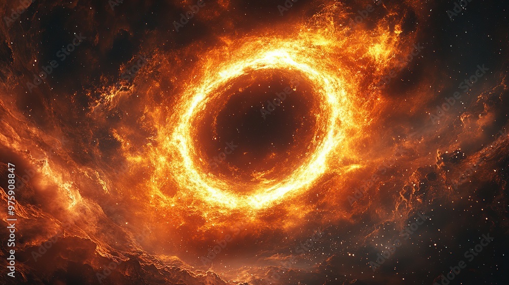 A fiery ring in space, surrounded by swirling clouds and stars. A fiery ring in space, surrounded by swirling clouds and stars.