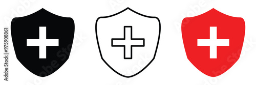 Health protection shield icon with medical cross and safety symbol outline in vector healthcare security design emblem for public preventive care insurance guard and wellness vector in eps 10.