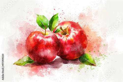 apple,beautiful fruit with leaves, watercolor