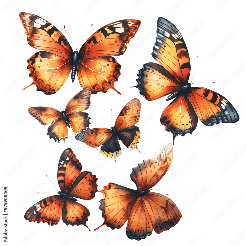 Group of colorful butterflies on transparent background Group of colorful butterflies on transparent background