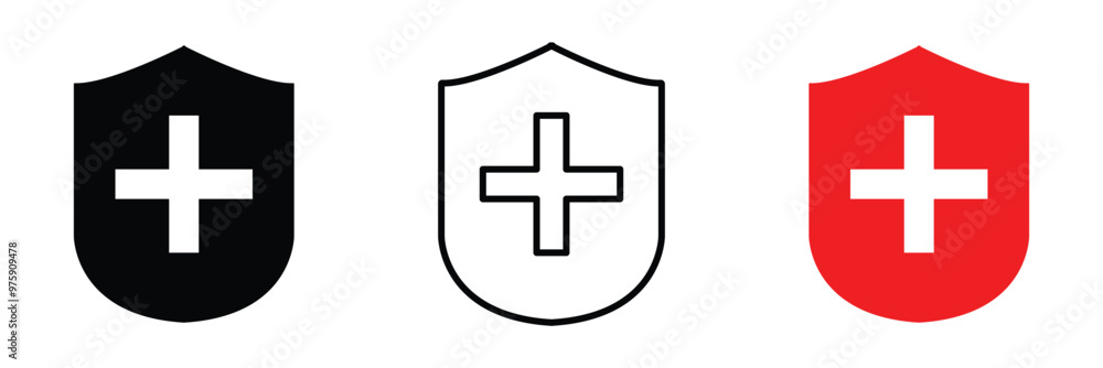 Obraz premium Health protection shield icon with medical cross and safety symbol outline in vector healthcare security design emblem for public preventive care insurance guard and wellness vector in eps 10.
