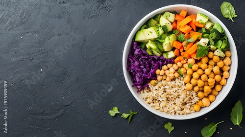 A Wholesome Vegan Buddha Bowl Full of Brown Rice, Roasted Chickpeas, and Fresh Colorful Vegetables. Healthy Food Concept photo